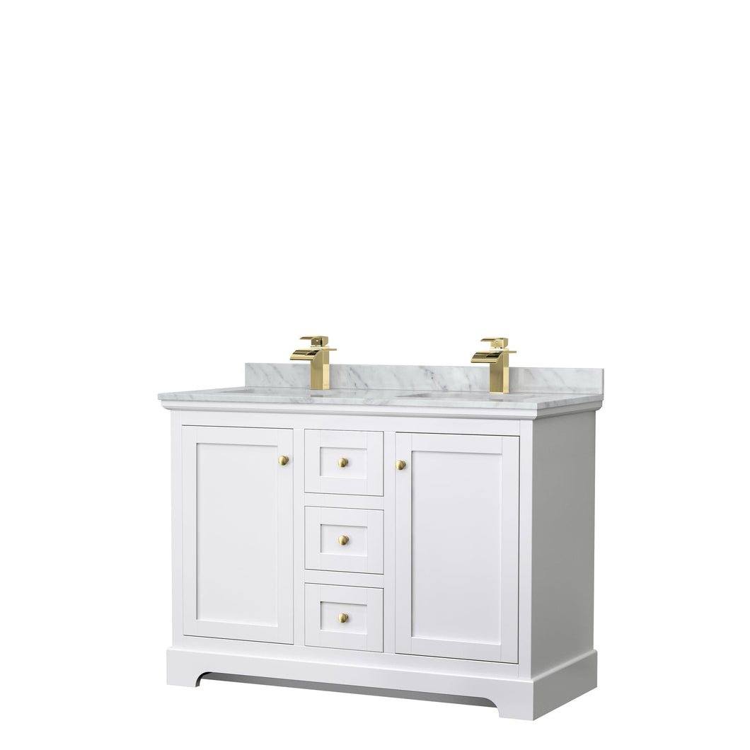 Wyndham Collection WCV232348DWGCMUNSMXX Avery 48 Inch Double Bathroom Vanity in White, White Carrara Marble Countertop, Undermount Square Sinks, Brushed Gold Trim
