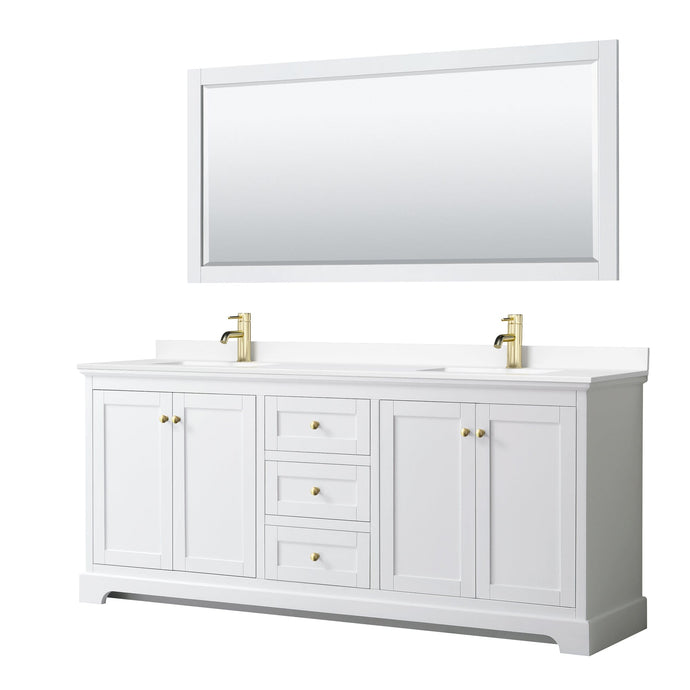 Wyndham Collection WCV232380DWGWCUNSM70 Avery 80 Inch Double Bathroom Vanity in White, White Cultured Marble Countertop, Undermount Square Sinks, 70 Inch Mirror, Brushed Gold Trim