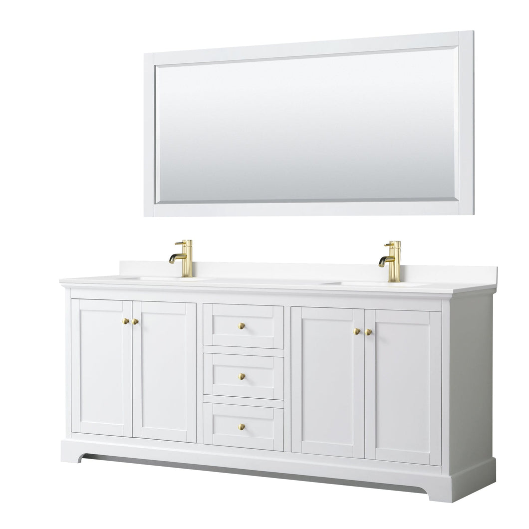 Wyndham Collection WCV232380DWGWCUNSM70 Avery 80 Inch Double Bathroom Vanity in White, White Cultured Marble Countertop, Undermount Square Sinks, 70 Inch Mirror, Brushed Gold Trim