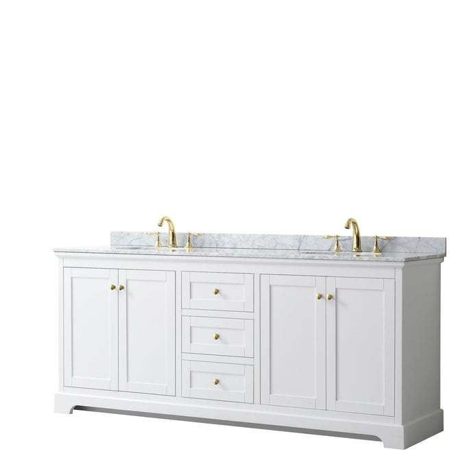 Wyndham Collection WCV232380DWGCMUNOMXX Avery 80 Inch Double Bathroom Vanity in White, White Carrara Marble Countertop, Undermount Oval Sinks, Brushed Gold Trim