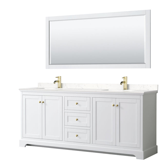 Wyndham Collection WCV232380DWGC2UNSM70 Avery 80 Inch Double Bathroom Vanity in White, Light-Vein Carrara Cultured Marble Countertop, Undermount Square Sinks, 70 Inch Mirror, Brushed Gold Trim