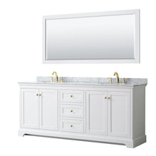 Load image into Gallery viewer, Wyndham Collection WCV232380DWGCMUNOM70 Avery 80 Inch Double Bathroom Vanity in White, White Carrara Marble Countertop, Undermount Oval Sinks, 70 Inch Mirror, Brushed Gold Trim