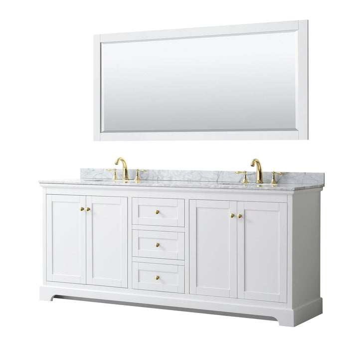 Wyndham Collection WCV232380DWGCMUNOM70 Avery 80 Inch Double Bathroom Vanity in White, White Carrara Marble Countertop, Undermount Oval Sinks, 70 Inch Mirror, Brushed Gold Trim