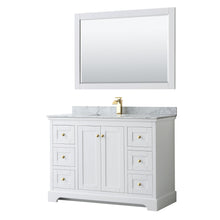 Load image into Gallery viewer, Wyndham Collection WCV232348SWGCMUNSM46 Avery 48 Inch Single Bathroom Vanity in White, White Carrara Marble Countertop, Undermount Square Sink, 46 Inch Mirror, Brushed Gold Trim
