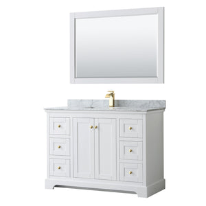 Wyndham Collection WCV232348SWGCMUNSM46 Avery 48 Inch Single Bathroom Vanity in White, White Carrara Marble Countertop, Undermount Square Sink, 46 Inch Mirror, Brushed Gold Trim