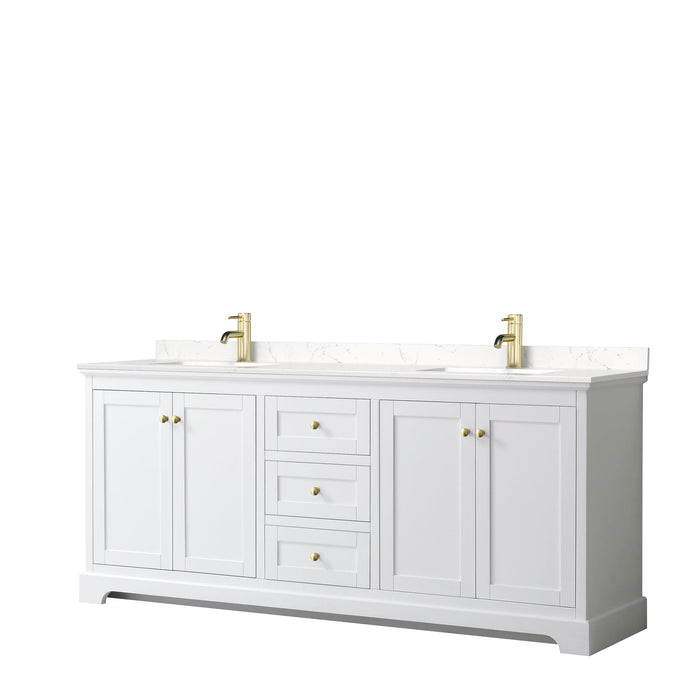 Wyndham Collection WCV232380DWGC2UNSMXX Avery 80 Inch Double Bathroom Vanity in White, Light-Vein Carrara Cultured Marble Countertop, Undermount Square Sinks, Brushed Gold Trim