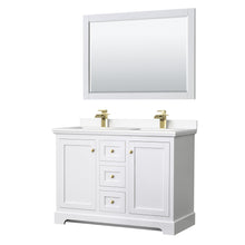 Load image into Gallery viewer, Wyndham Collection WCV232348DWGWCUNSM46 Avery 48 Inch Double Bathroom Vanity in White, White Cultured Marble Countertop, Undermount Square Sinks, 46 Inch Mirror, Brushed Gold Trim