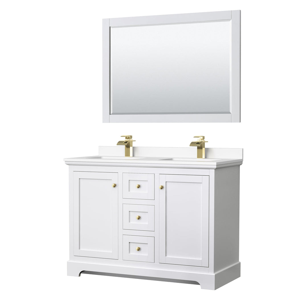 Wyndham Collection WCV232348DWGWCUNSM46 Avery 48 Inch Double Bathroom Vanity in White, White Cultured Marble Countertop, Undermount Square Sinks, 46 Inch Mirror, Brushed Gold Trim