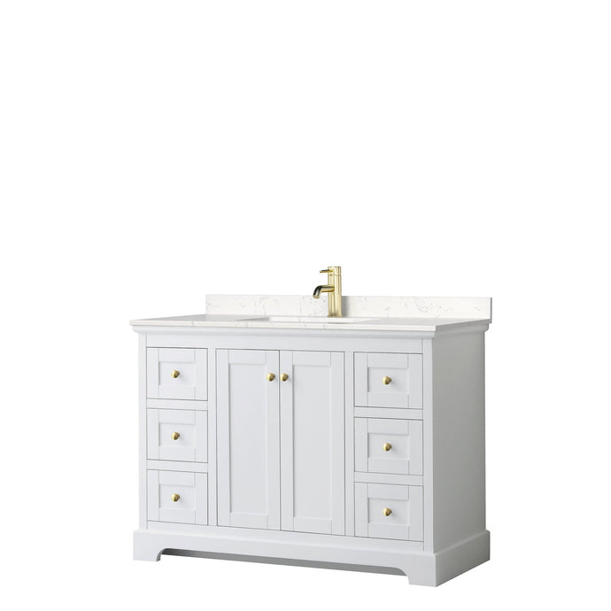 Wyndham Collection WCV232348SWGC2UNSMXX Avery 48 Inch Single Bathroom Vanity in White, Light-Vein Carrara Cultured Marble Countertop, Undermount Square Sink, Brushed Gold Trim
