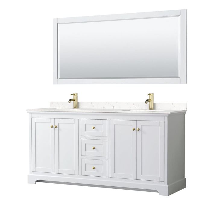 Wyndham Collection WCV232372DWGC2UNSM70 Avery 72 Inch Double Bathroom Vanity in White, Light-Vein Carrara Cultured Marble Countertop, Undermount Square Sinks, 70 Inch Mirror, Brushed Gold Trim