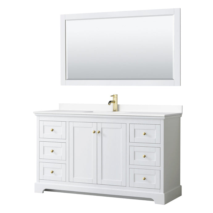 Wyndham Collection WCV232360SWGWCUNSM58 Avery 60 Inch Single Bathroom Vanity in White, White Cultured Marble Countertop, Undermount Square Sink, 58 Inch Mirror, Brushed Gold Trim