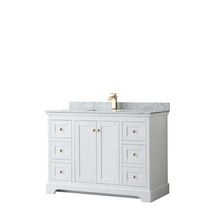 Wyndham Collection WCV232348SWGCMUNSMXX Avery 48 Inch Single Bathroom Vanity in White, White Carrara Marble Countertop, Undermount Square Sink, Brushed Gold Trim