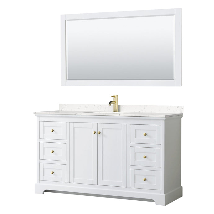 Wyndham Collection WCV232360SWGC2UNSM58 Avery 60 Inch Single Bathroom Vanity in White, Light-Vein Carrara Cultured Marble Countertop, Undermount Square Sink, 58 Inch Mirror, Brushed Gold Trim