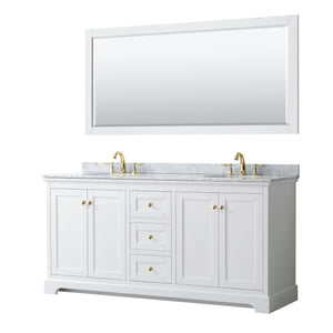 Wyndham Collection WCV232372DWGCMUNOM70 Avery 72 Inch Double Bathroom Vanity in White, White Carrara Marble Countertop, Undermount Oval Sinks, 70 Inch Mirror, Brushed Gold Trim