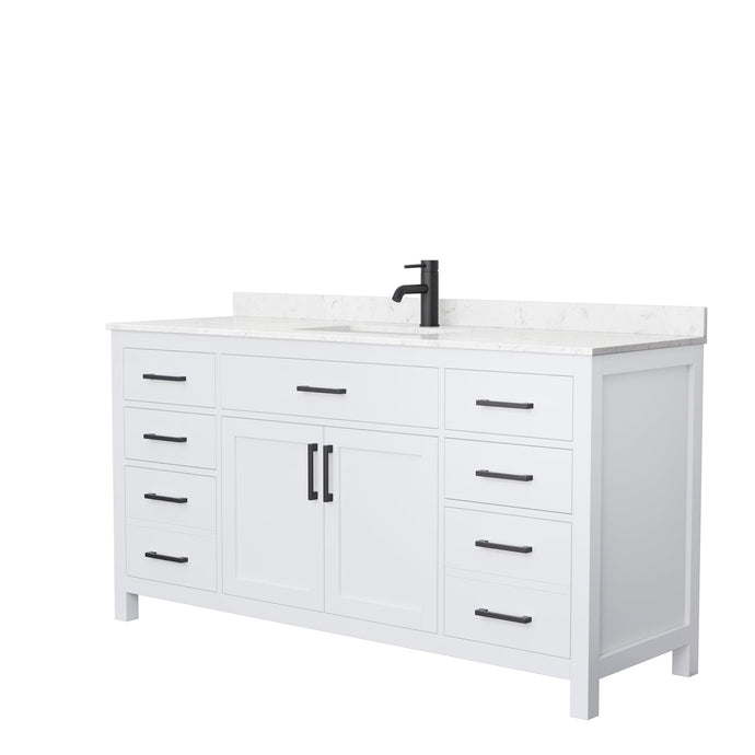 Wyndham Collection WCG242466SWBCCUNSMXX Beckett 66 Inch Single Bathroom Vanity in White, Carrara Cultured Marble Countertop, Undermount Square Sink, Matte Black Trim