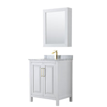Load image into Gallery viewer, Wyndham Collection WCV252530SWGCMUNSMED Daria 30 Inch Single Bathroom Vanity in White, White Carrara Marble Countertop, Undermount Square Sink, Medicine Cabinet, Brushed Gold Trim