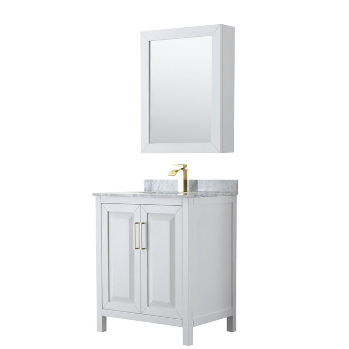 Wyndham Collection WCV252530SWGCMUNSMED Daria 30 Inch Single Bathroom Vanity in White, White Carrara Marble Countertop, Undermount Square Sink, Medicine Cabinet, Brushed Gold Trim