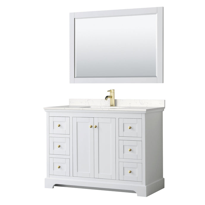 Wyndham Collection WCV232348SWGC2UNSM46 Avery 48 Inch Single Bathroom Vanity in White, Light-Vein Carrara Cultured Marble Countertop, Undermount Square Sink, 46 Inch Mirror, Brushed Gold Trim