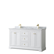 Load image into Gallery viewer, Wyndham Collection WCV232360DWGCMUNSMXX Avery 60 Inch Double Bathroom Vanity in White, White Carrara Marble Countertop, Undermount Square Sinks, Brushed Gold Trim