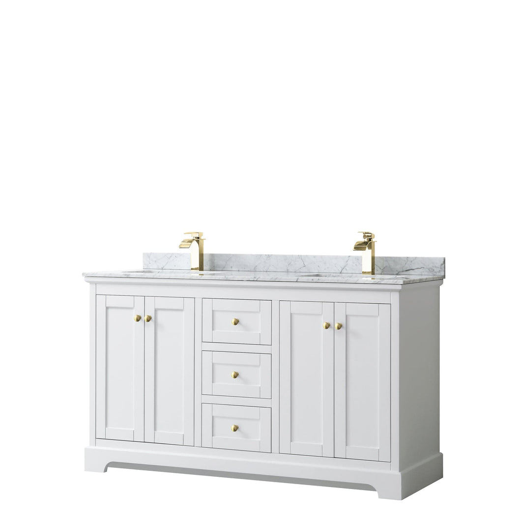 Wyndham Collection WCV232360DWGCMUNSMXX Avery 60 Inch Double Bathroom Vanity in White, White Carrara Marble Countertop, Undermount Square Sinks, Brushed Gold Trim