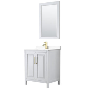 Wyndham Collection WCV252530SWGWCUNSM24 Daria 30 Inch Single Bathroom Vanity in White, White Cultured Marble Countertop, Undermount Square Sink, 24 Inch Mirror, Brushed Gold Trim