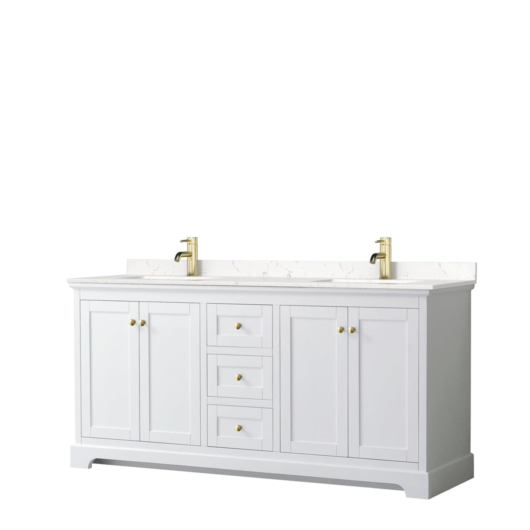 Wyndham Collection WCV232372DWGC2UNSMXX Avery 72 Inch Double Bathroom Vanity in White, Light-Vein Carrara Cultured Marble Countertop, Undermount Square Sinks, Brushed Gold Trim