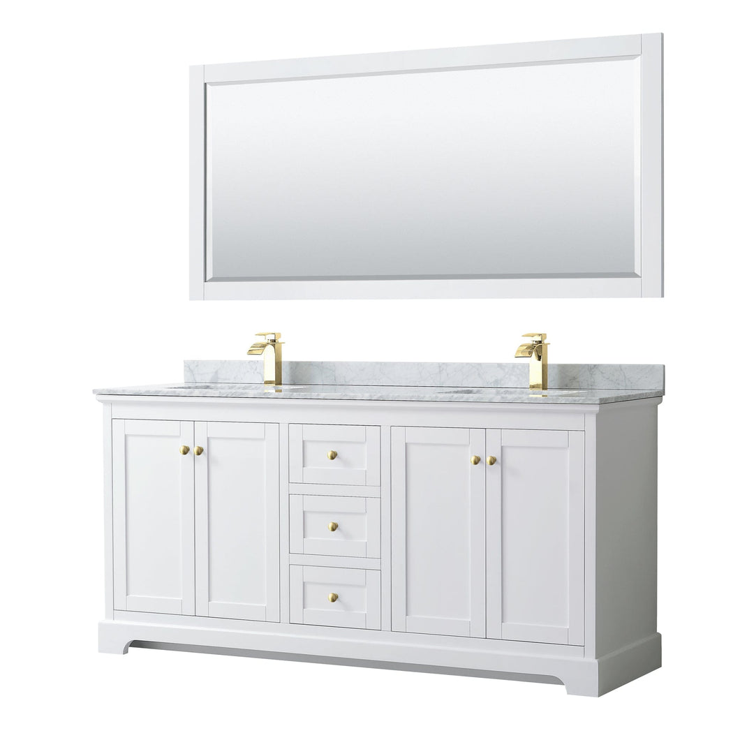 Wyndham Collection WCV232372DWGCMUNSM70 Avery 72 Inch Double Bathroom Vanity in White, White Carrara Marble Countertop, Undermount Square Sinks, 70 Inch Mirror, Brushed Gold Trim