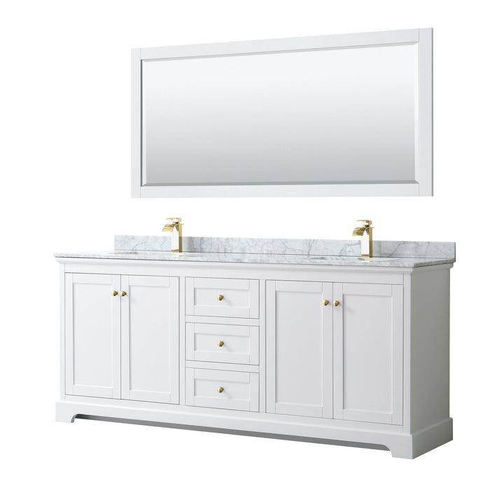 Wyndham Collection WCV232380DWGCMUNSM70 Avery 80 Inch Double Bathroom Vanity in White, White Carrara Marble Countertop, Undermount Square Sinks, 70 Inch Mirror, Brushed Gold Trim