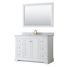 Load image into Gallery viewer, Wyndham Collection WCV232348SWGCMUNOM46 Avery 48 Inch Single Bathroom Vanity in White, White Carrara Marble Countertop, Undermount Oval Sink, 46 Inch Mirror, Brushed Gold Trim