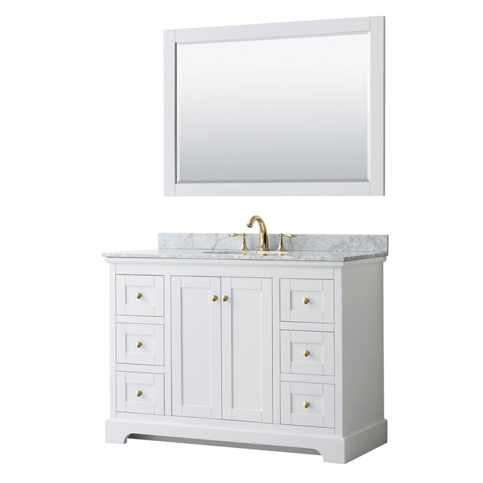 Wyndham Collection WCV232348SWGCMUNOM46 Avery 48 Inch Single Bathroom Vanity in White, White Carrara Marble Countertop, Undermount Oval Sink, 46 Inch Mirror, Brushed Gold Trim
