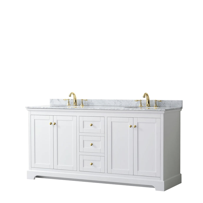 Wyndham Collection WCV232372DWGCMUNOMXX Avery 72 Inch Double Bathroom Vanity in White, White Carrara Marble Countertop, Undermount Oval Sinks, Brushed Gold Trim