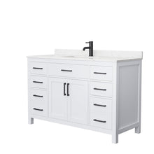 Load image into Gallery viewer, Wyndham Collection WCG242454SWBCCUNSMXX Beckett 54 Inch Single Bathroom Vanity in White, Carrara Cultured Marble Countertop, Undermount Square Sink, Matte Black Trim