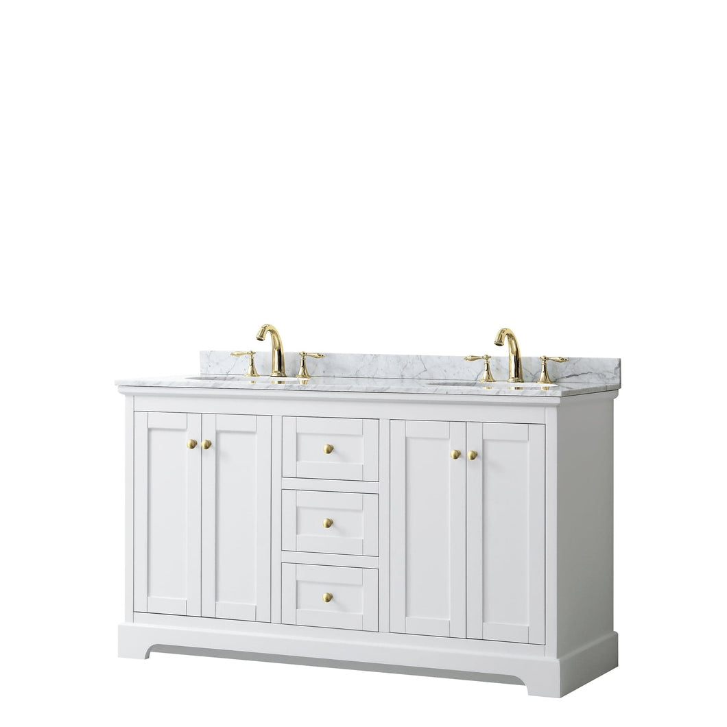 Wyndham Collection WCV232360DWGCMUNOMXX Avery 60 Inch Double Bathroom Vanity in White, White Carrara Marble Countertop, Undermount Oval Sinks, Brushed Gold Trim