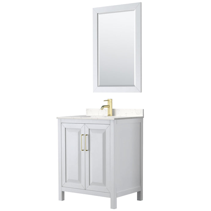 Wyndham Collection WCV252530SWGC2UNSM24 Daria 30 Inch Single Bathroom Vanity in White, Light-Vein Carrara Cultured Marble Countertop, Undermount Square Sink, 24 Inch Mirror, Brushed Gold Trim
