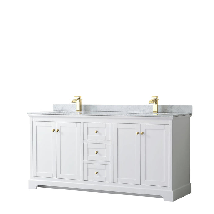 Wyndham Collection WCV232372DWGCMUNSMXX Avery 72 Inch Double Bathroom Vanity in White, White Carrara Marble Countertop, Undermount Square Sinks, Brushed Gold Trim