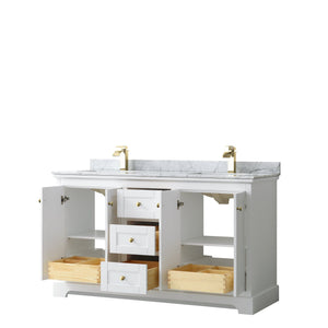Wyndham Collection WCV232360DWGCMUNSMXX Avery 60 Inch Double Bathroom Vanity in White, White Carrara Marble Countertop, Undermount Square Sinks, Brushed Gold Trim