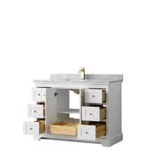 Load image into Gallery viewer, Wyndham Collection WCV232348SWGCMUNSMXX Avery 48 Inch Single Bathroom Vanity in White, White Carrara Marble Countertop, Undermount Square Sink, Brushed Gold Trim