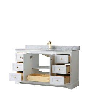 Wyndham Collection WCV232360SWGCMUNSMXX Avery 60 Inch Single Bathroom Vanity in White, White Carrara Marble Countertop, Undermount Square Sink, Brushed Gold Trim