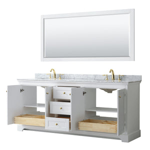 Wyndham Collection WCV232380DWGCMUNOMXX Avery 80 Inch Double Bathroom Vanity in White, White Carrara Marble Countertop, Undermount Oval Sinks, Brushed Gold Trim