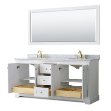 Load image into Gallery viewer, Wyndham Collection WCV232372DWGCMUNOM70 Avery 72 Inch Double Bathroom Vanity in White, White Carrara Marble Countertop, Undermount Oval Sinks, 70 Inch Mirror, Brushed Gold Trim