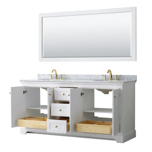 Wyndham Collection WCV232372DWGCMUNOM70 Avery 72 Inch Double Bathroom Vanity in White, White Carrara Marble Countertop, Undermount Oval Sinks, 70 Inch Mirror, Brushed Gold Trim