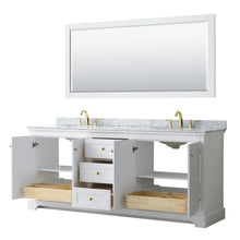 Load image into Gallery viewer, Wyndham Collection WCV232380DWGCMUNOM70 Avery 80 Inch Double Bathroom Vanity in White, White Carrara Marble Countertop, Undermount Oval Sinks, 70 Inch Mirror, Brushed Gold Trim