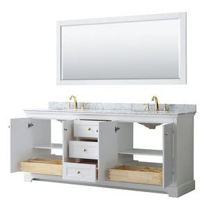 Wyndham Collection WCV232380DWGCMUNOM70 Avery 80 Inch Double Bathroom Vanity in White, White Carrara Marble Countertop, Undermount Oval Sinks, 70 Inch Mirror, Brushed Gold Trim
