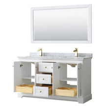 Load image into Gallery viewer, Wyndham Collection WCV232360DWGCMUNSM58 Avery 60 Inch Double Bathroom Vanity in White, White Carrara Marble Countertop, Undermount Square Sinks, 58 Inch Mirror, Brushed Gold Trim