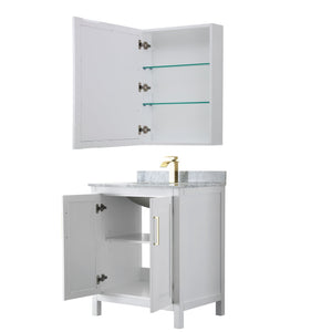 Wyndham Collection WCV252530SWGCMUNSMED Daria 30 Inch Single Bathroom Vanity in White, White Carrara Marble Countertop, Undermount Square Sink, Medicine Cabinet, Brushed Gold Trim