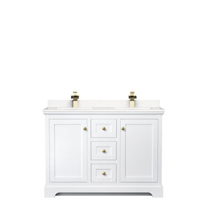 Wyndham Collection WCV232348DWGC2UNSMXX Avery 48 Inch Double Bathroom Vanity in White, Light-Vein Carrara Cultured Marble Countertop, Undermount Square Sinks, Brushed Gold Trim