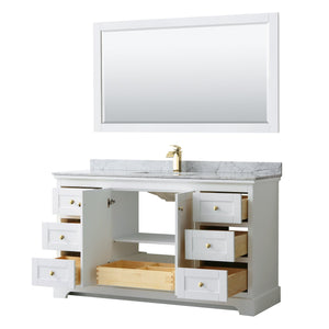 Wyndham Collection WCV232360SWGCMUNSM58 Avery 60 Inch Single Bathroom Vanity in White, White Carrara Marble Countertop, Undermount Square Sink, 58 Inch Mirror, Brushed Gold Trim