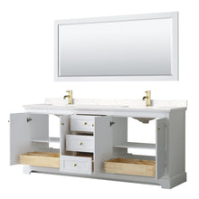 Load image into Gallery viewer, Wyndham Collection WCV232380DWGC2UNSM70 Avery 80 Inch Double Bathroom Vanity in White, Light-Vein Carrara Cultured Marble Countertop, Undermount Square Sinks, 70 Inch Mirror, Brushed Gold Trim