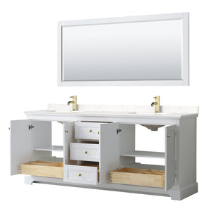 Wyndham Collection WCV232380DWGC2UNSM70 Avery 80 Inch Double Bathroom Vanity in White, Light-Vein Carrara Cultured Marble Countertop, Undermount Square Sinks, 70 Inch Mirror, Brushed Gold Trim