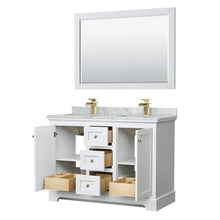 Load image into Gallery viewer, Wyndham Collection WCV232348DWGCMUNSM46 Avery 48 Inch Double Bathroom Vanity in White, White Carrara Marble Countertop, Undermount Square Sinks, 46 Inch Mirror, Brushed Gold Trim
